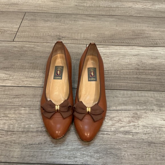 Vintage Raspini Leather Pumps Bow Accent Heel Brown Classic Shoes 24 EE sz 7 US - Picture 3 of 10